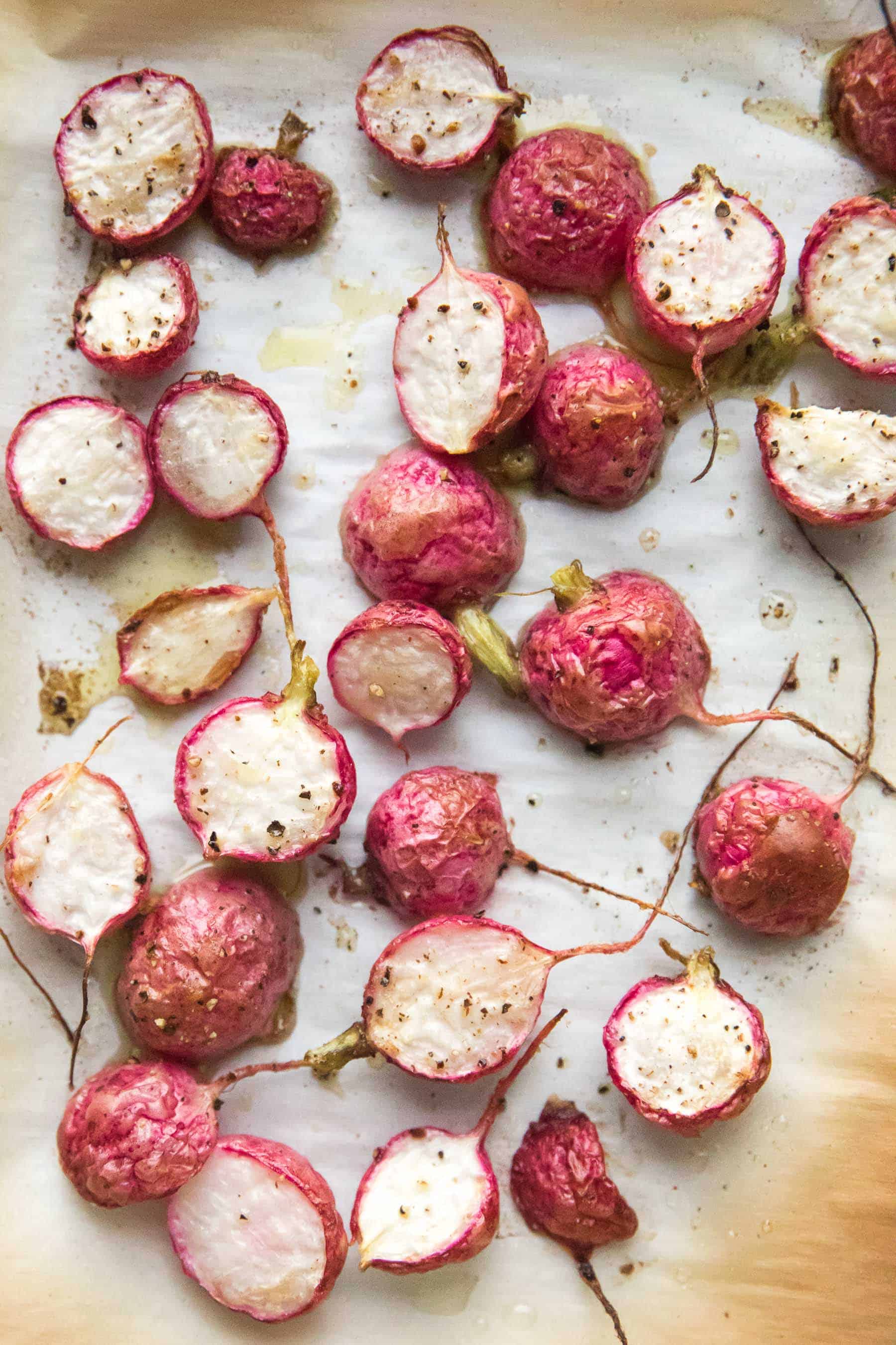 roasted radishes on a baking sheet