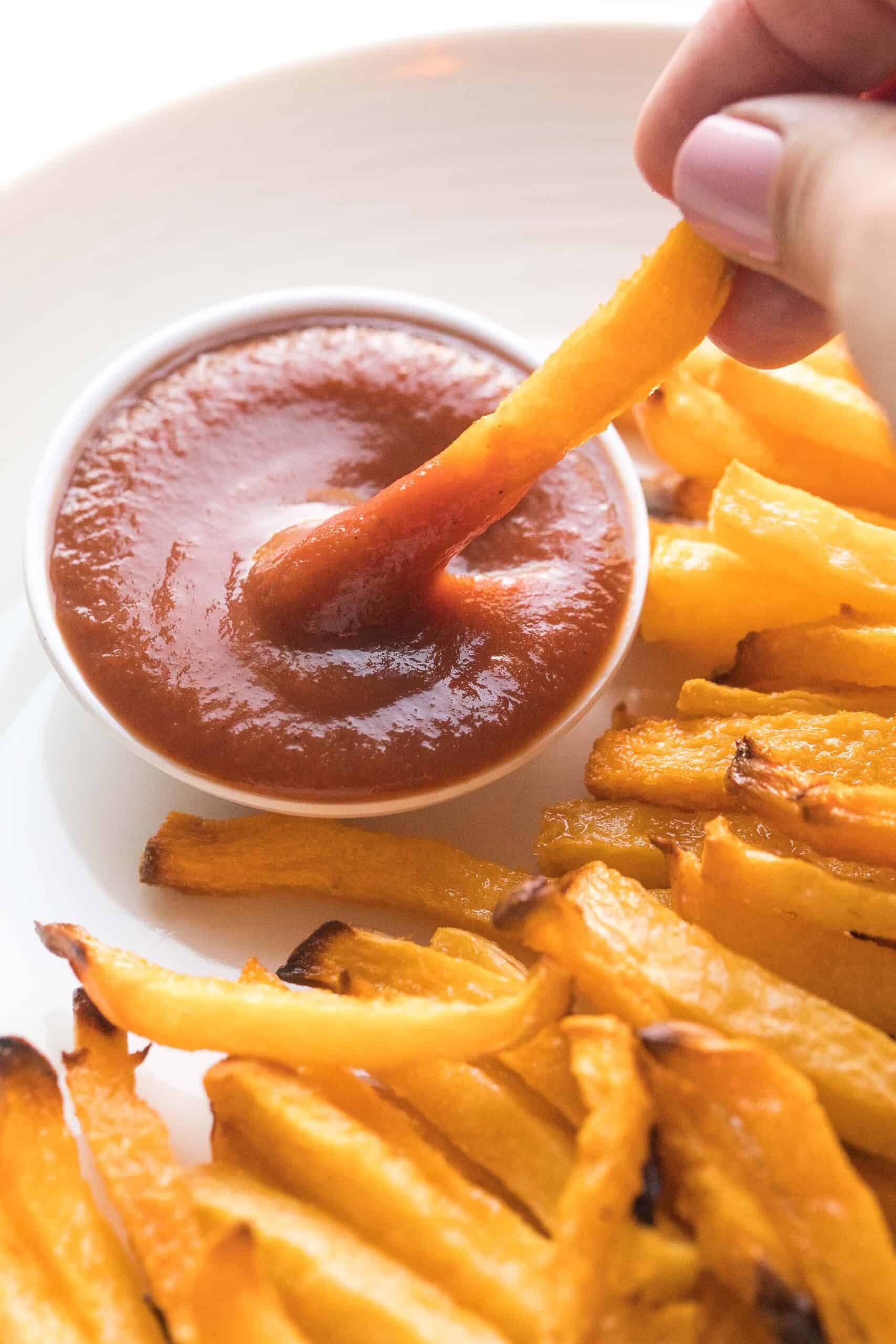 keto fries dipped in ketchup