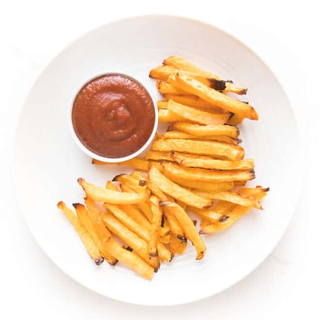 keto french fry dipped in ketchup