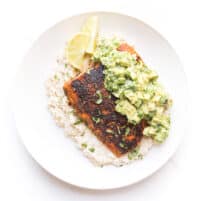 whole30 + keto blackened salmon over cauliflower risotto with chunky avocado topping