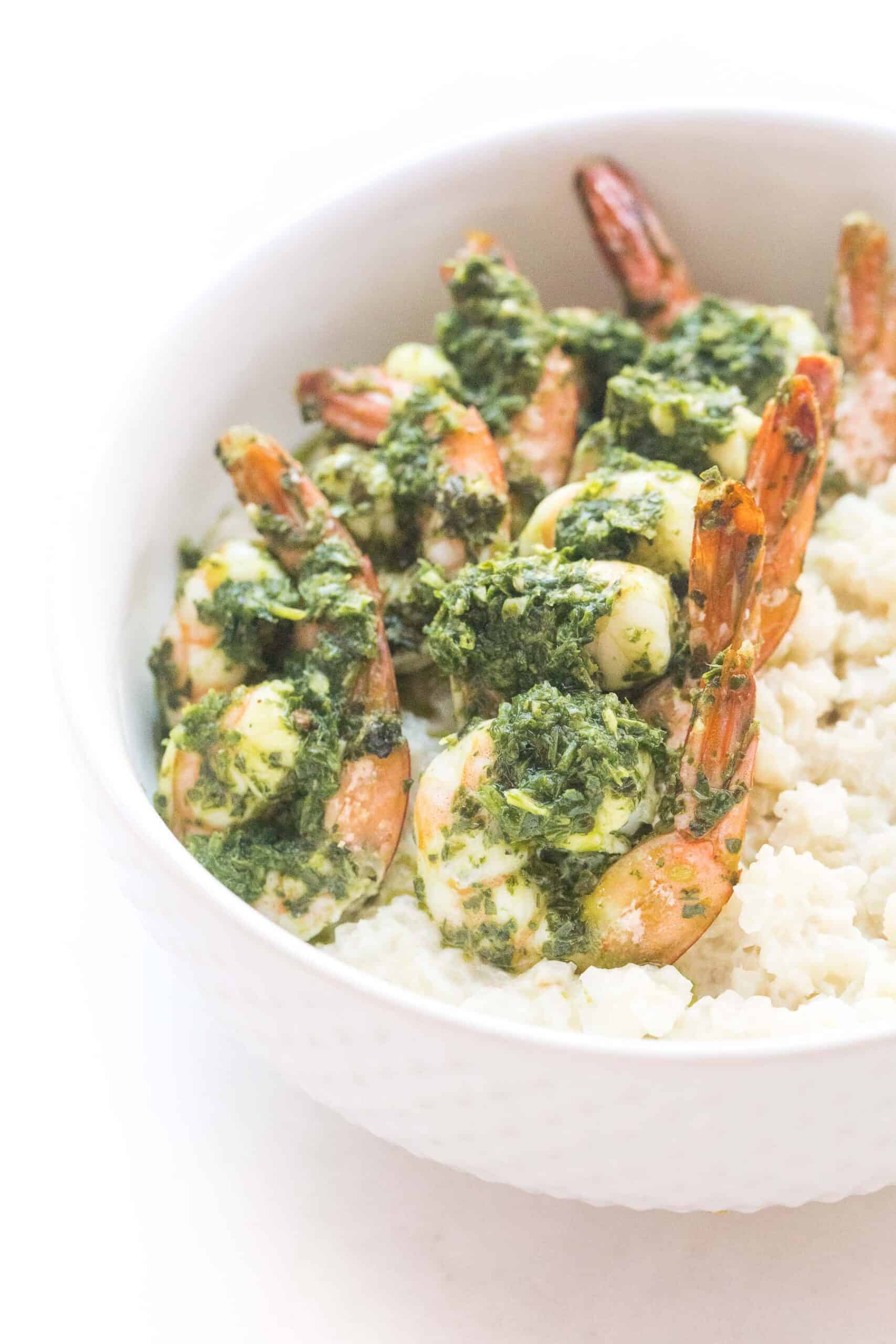 chimichurri shrimp on cauliflower rice risotto