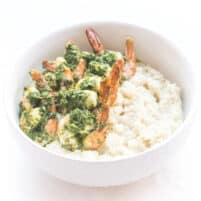 chimichurri shrimp on cauliflower risotto