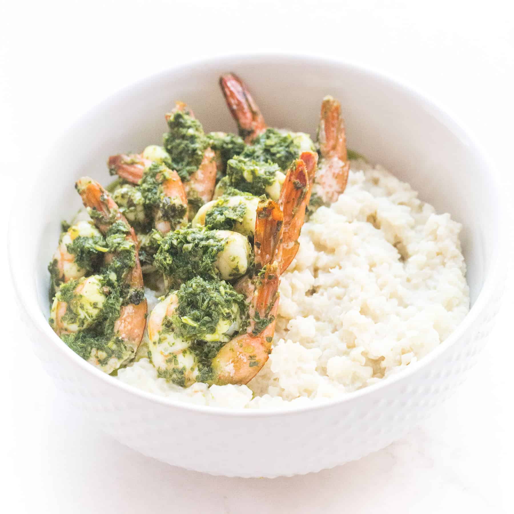 chimichurri shrimp on cauliflower risotto