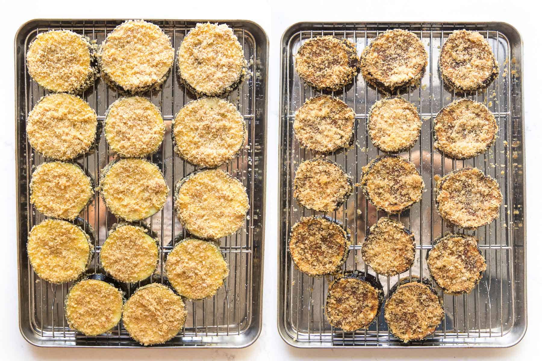 before and after of crispy baked eggplant