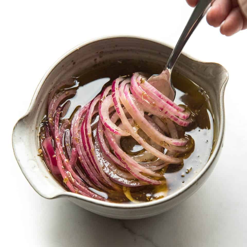 marinated red onions in a marinated onion bowl pottery by no crumbs left