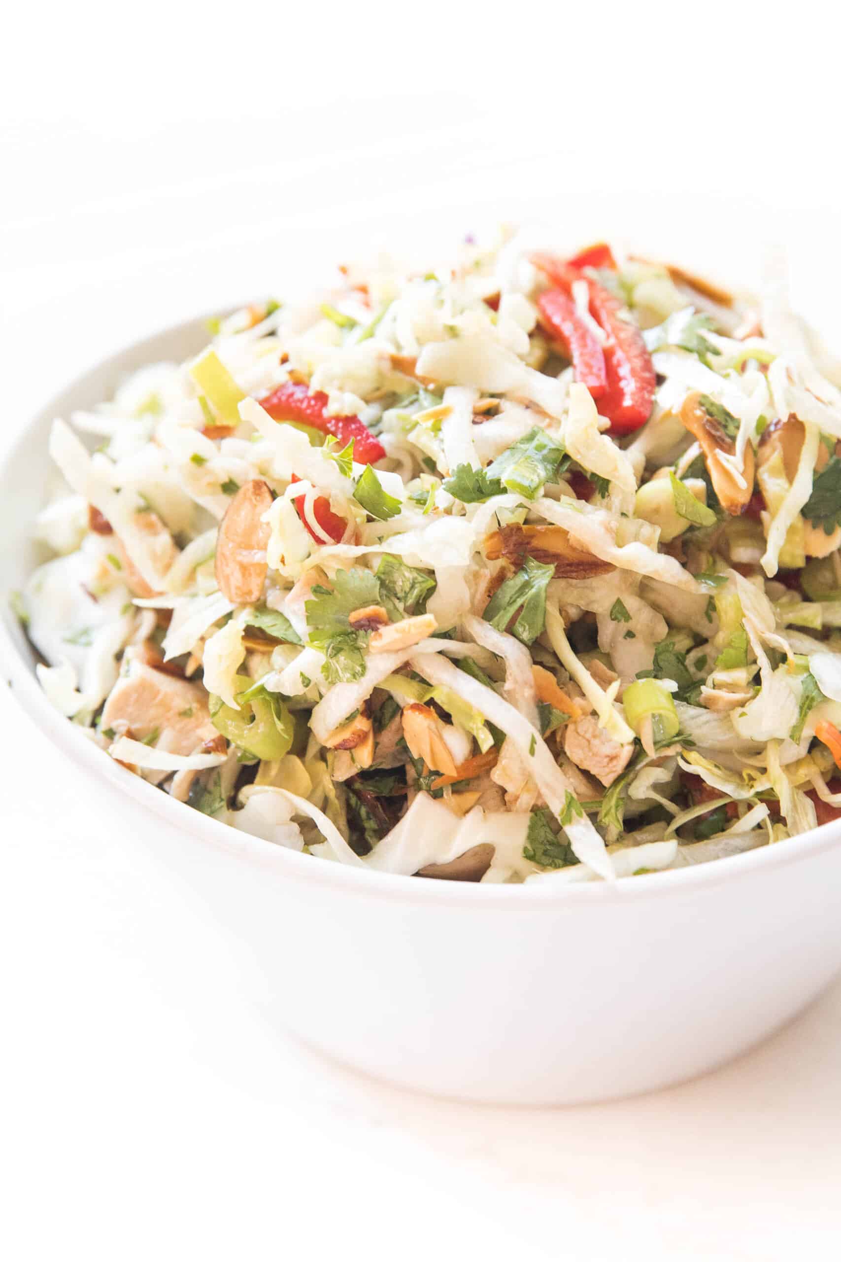 keto chinese chicken salad in a white bowl