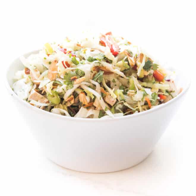 keto chinese chicken salad in a white bowl