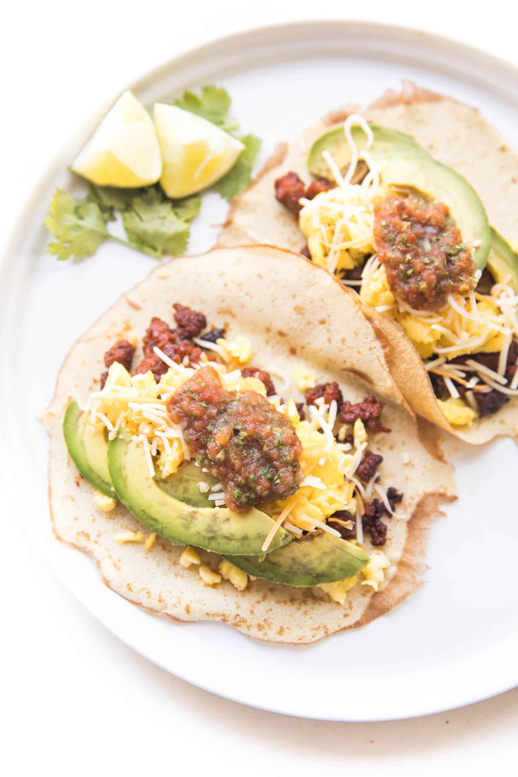 keto breakfast tacos on a white plate