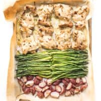 sheet pan dinner with dijon mustard chicken thighs, asparagus and radishes