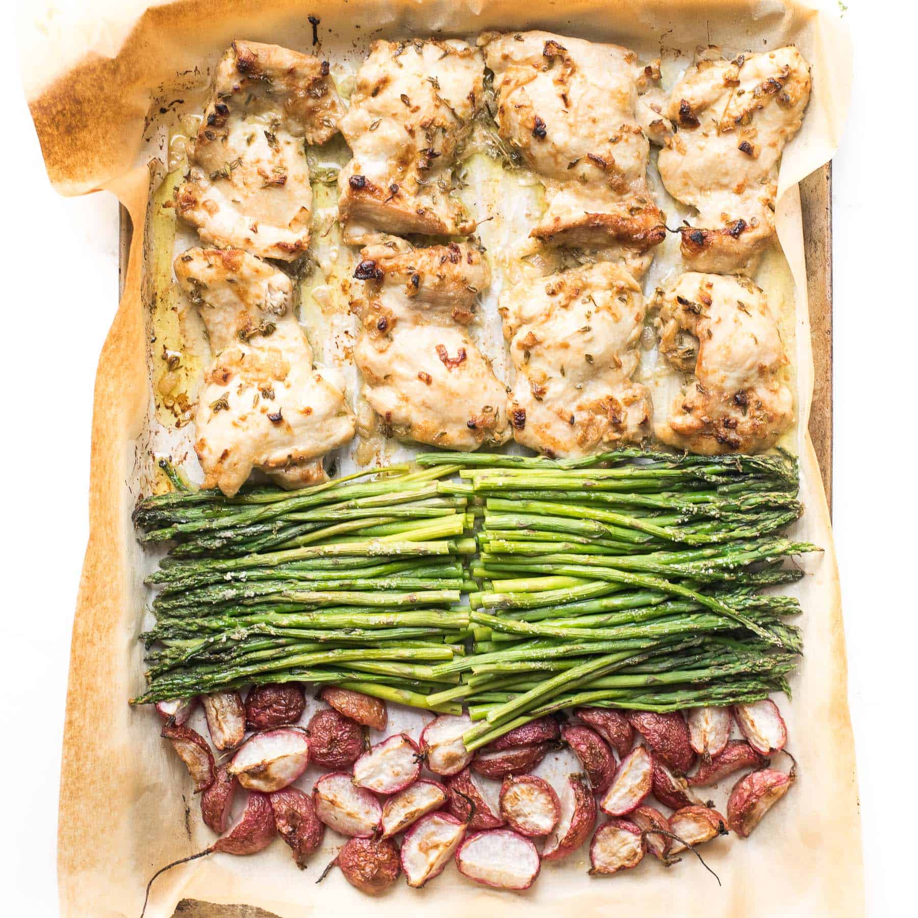 sheet pan dinner with dijon mustard chicken thighs, asparagus and radishes