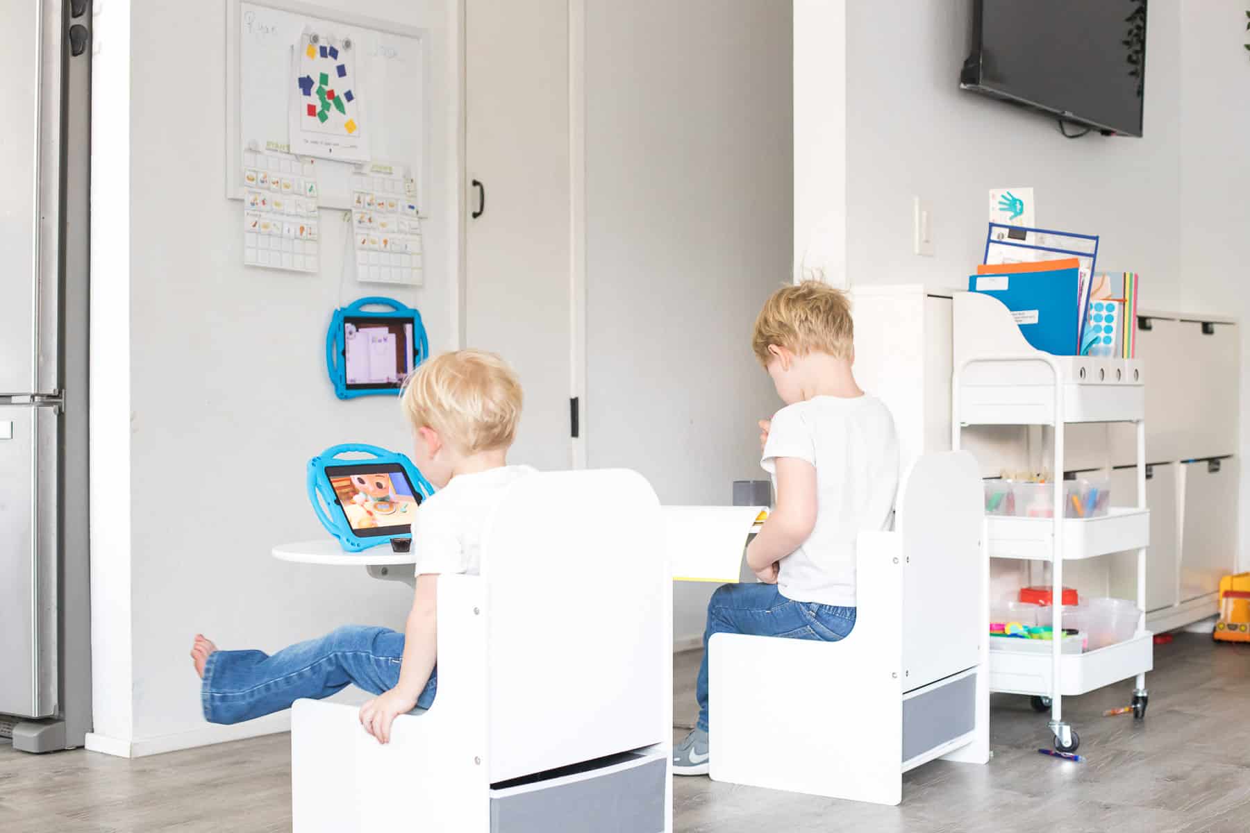 Kindergarten virtual learning home setup ideas and inspiration with childs desk and art cart