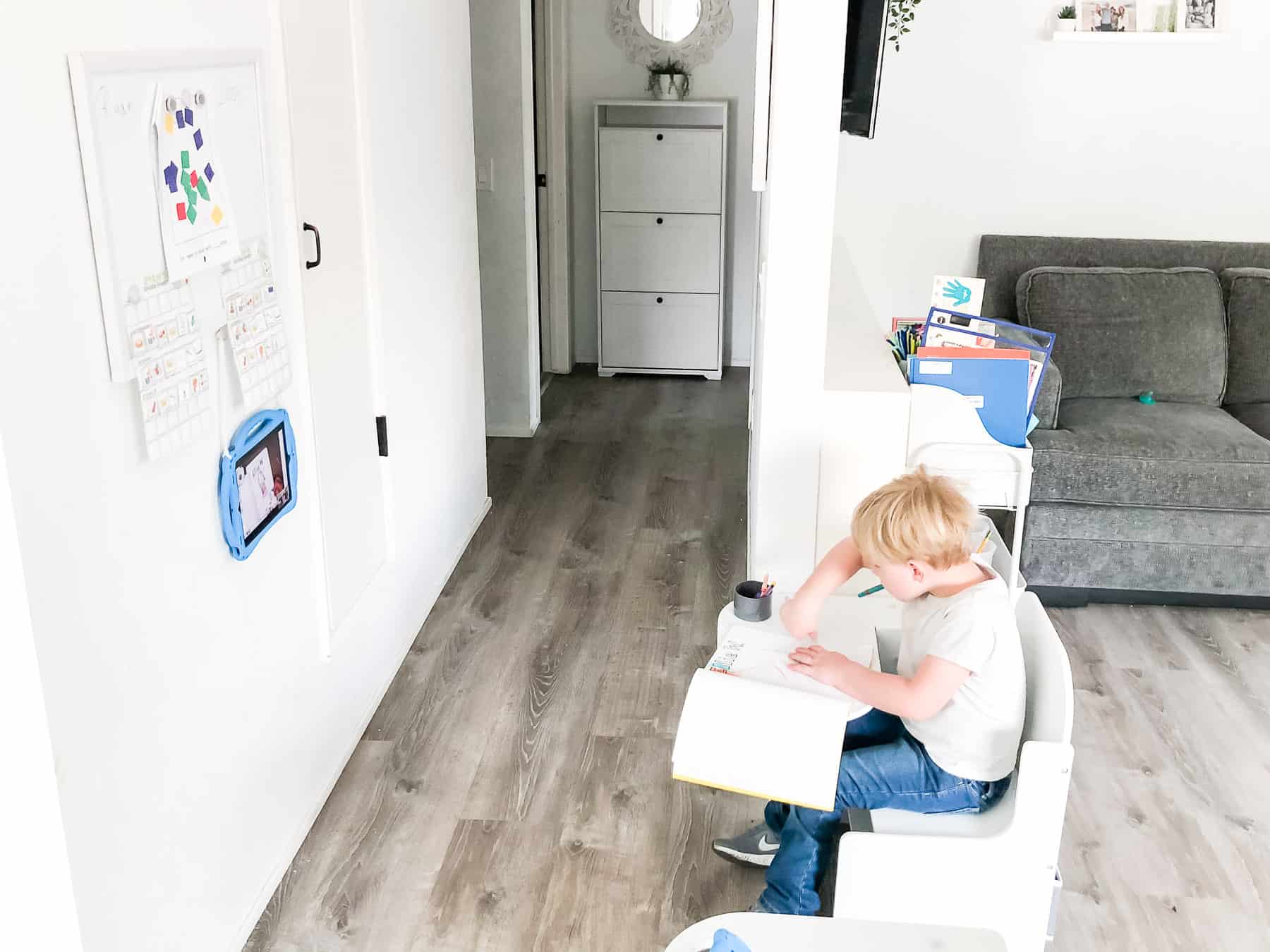 Kindergarten virtual learning home setup ideas and inspiration with childs desk and art cart