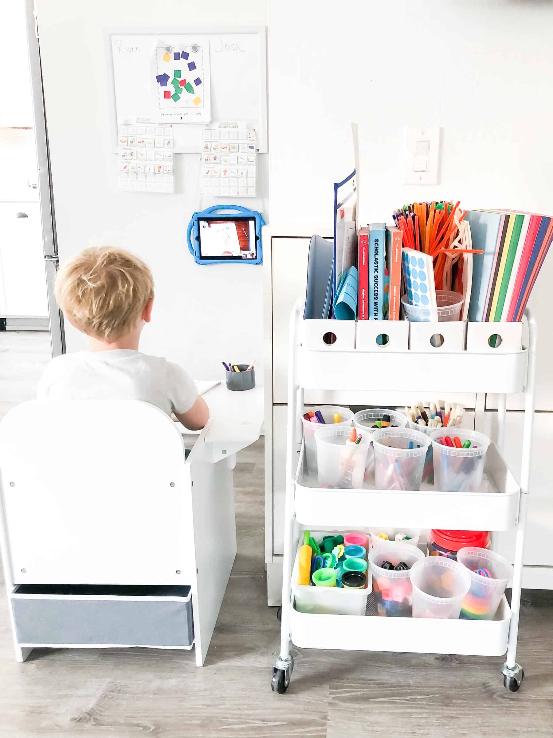 Kindergarten virtual learning home setup ideas and inspiration with childs desk and art cart
