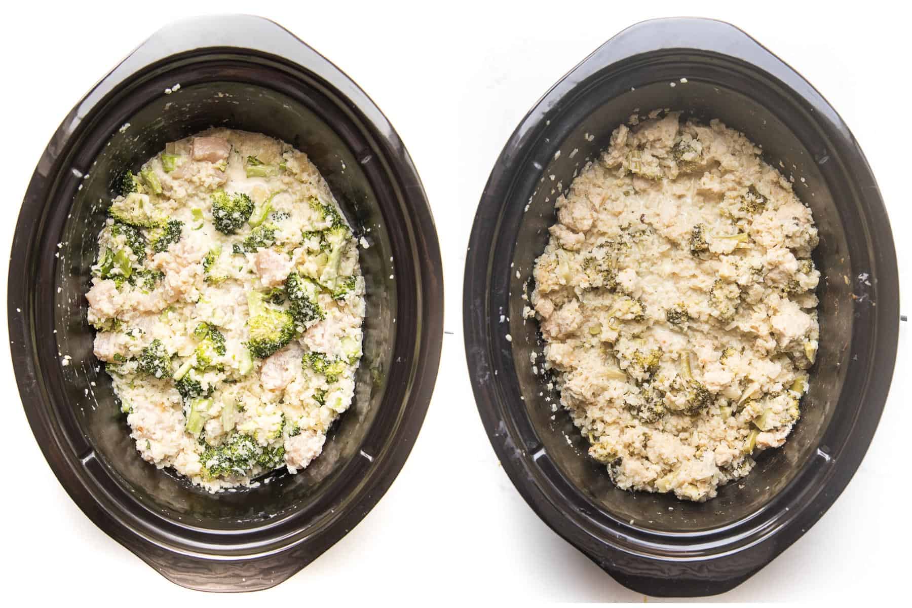 slow cooker KETO broccoli chicken cauliflower rice casserole before and after cooking