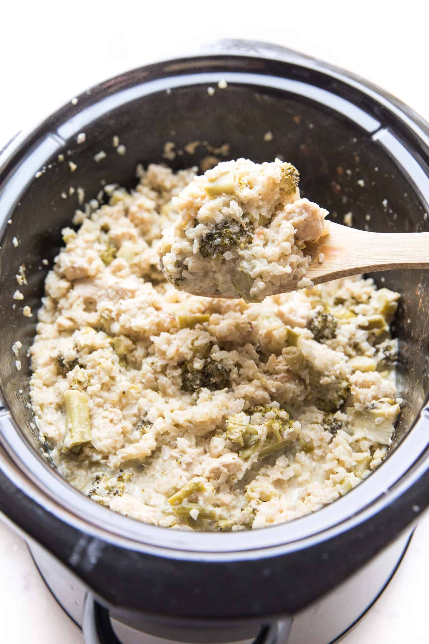 KETO broccoli chicken cauliflower rice casserole in a slow cooker