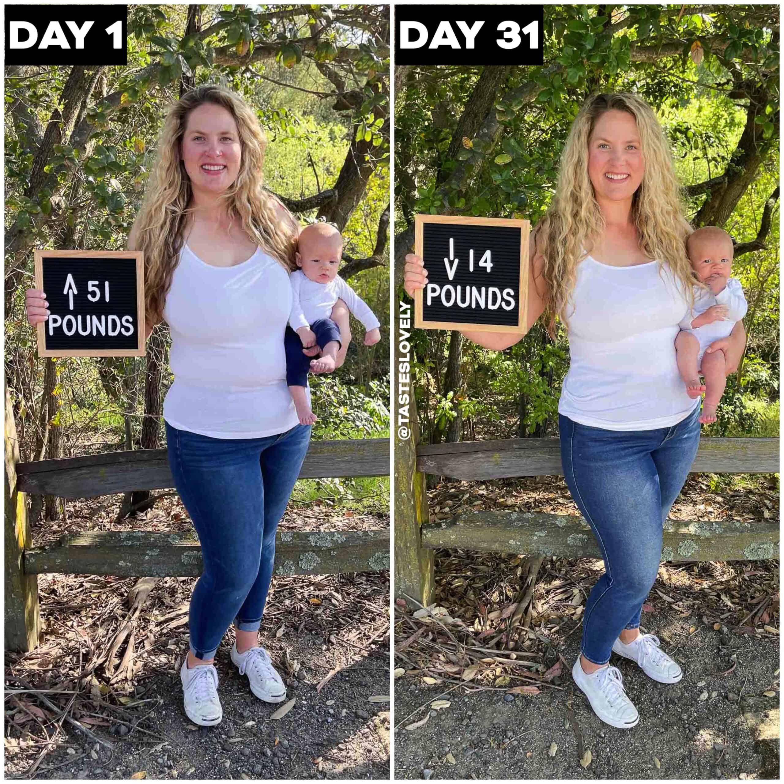two side by side photos showing a woman who just had a baby and 31 days later after some weight loss