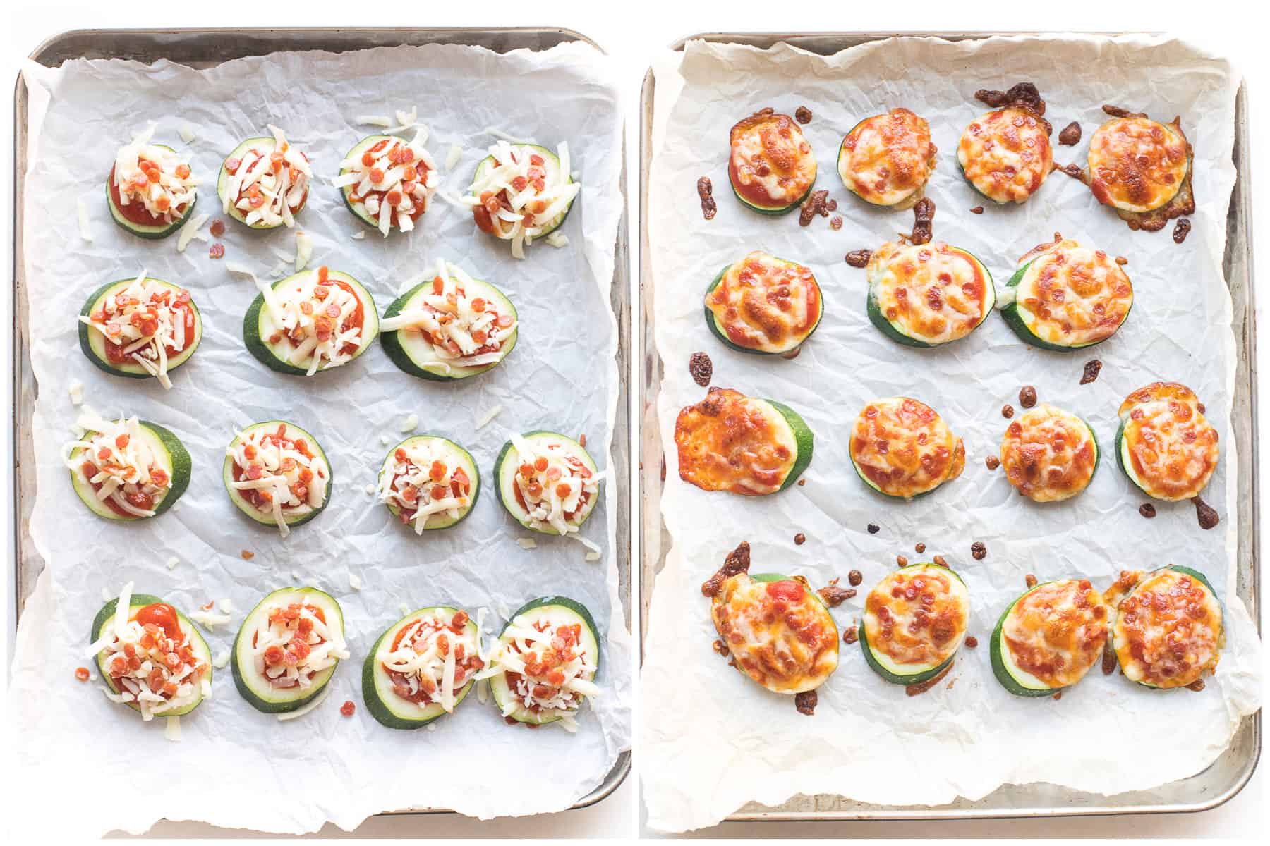 before and after of making keto mini zucchini pizza bites on a white background