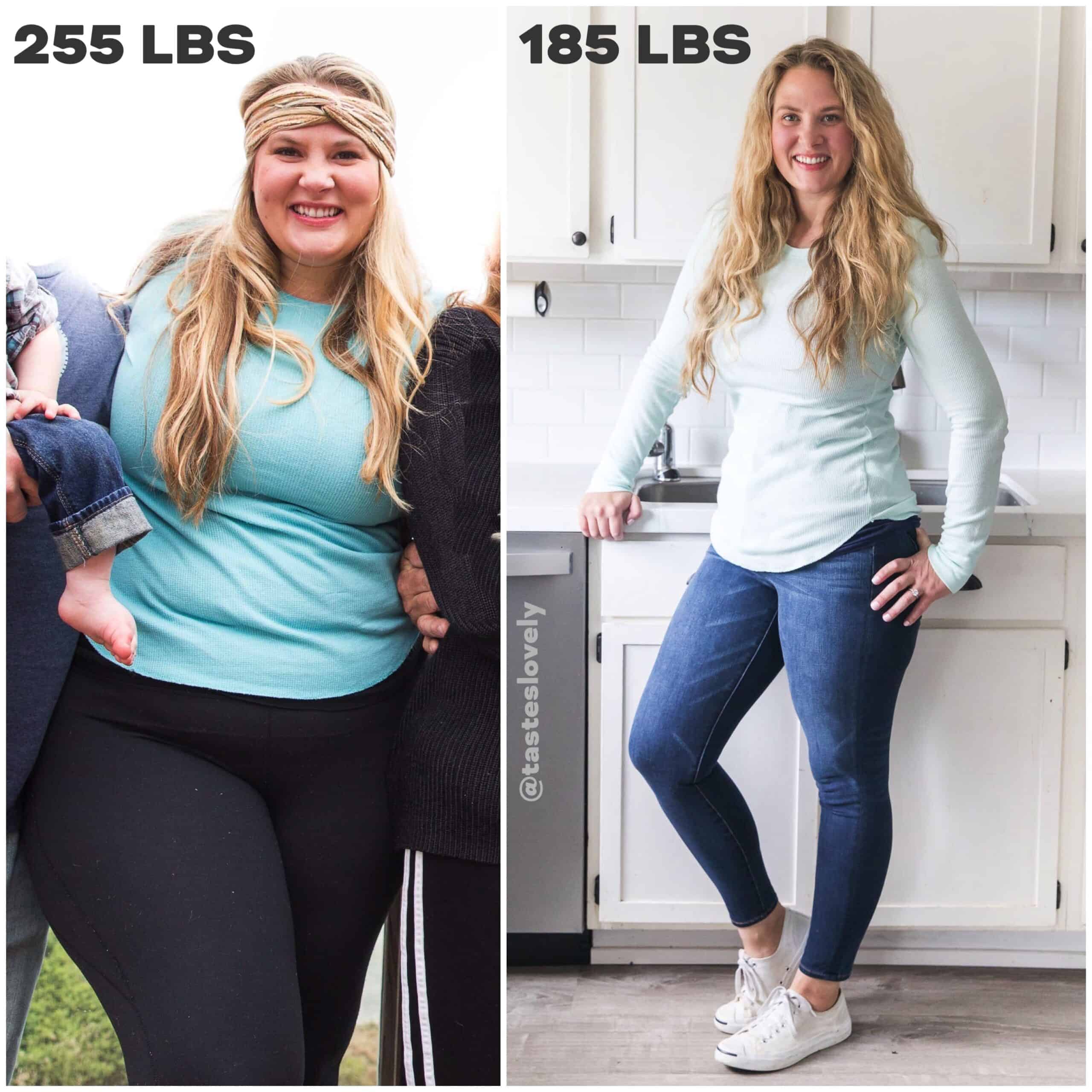 two side by side photos showing before and after weight loss 