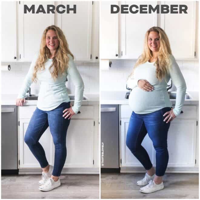Before and after pregnancy photo blond girl in blue shirt in a white kitchen
