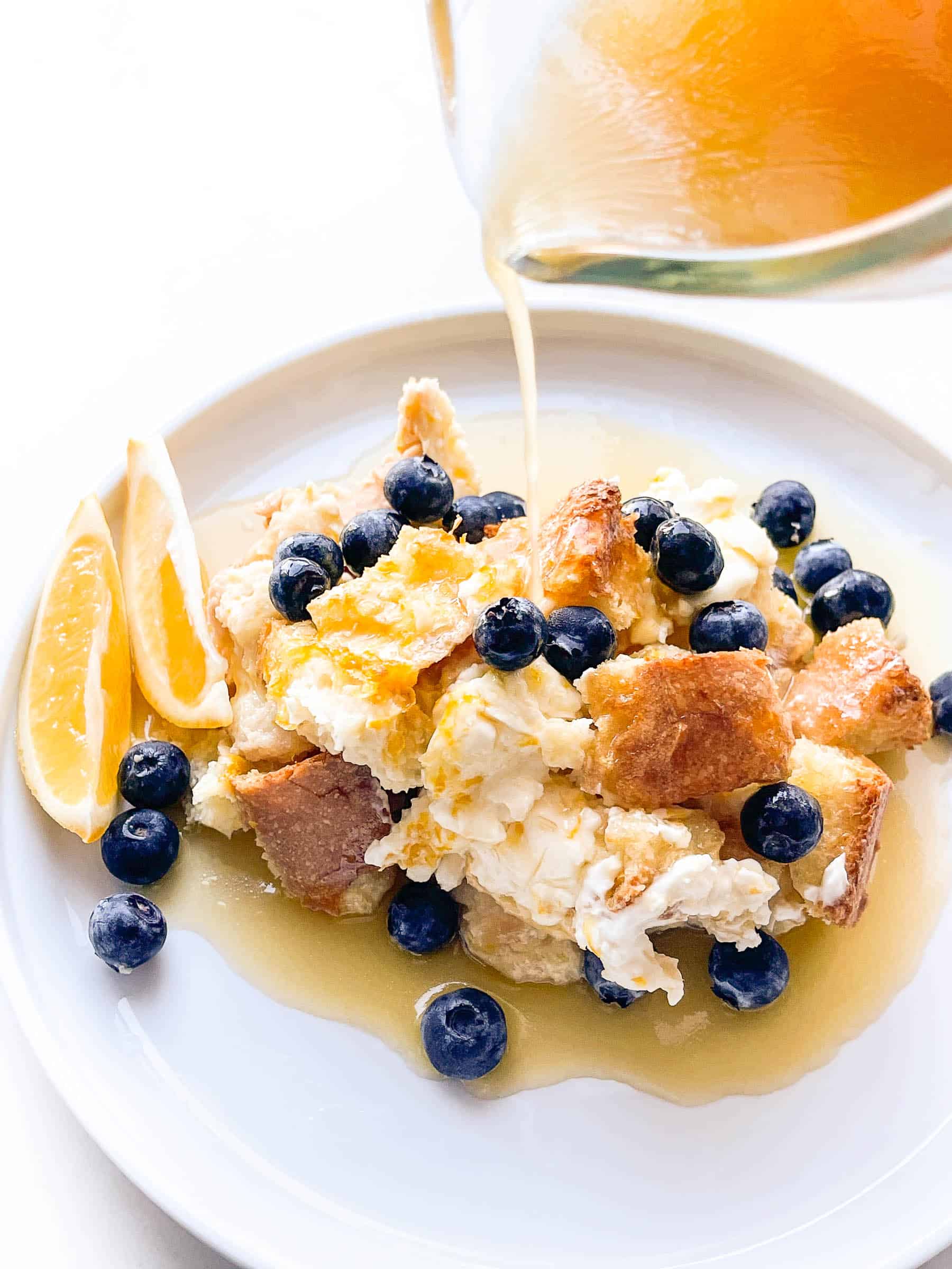 overnight french toast casserole with cream cheese and blueberries and lemon