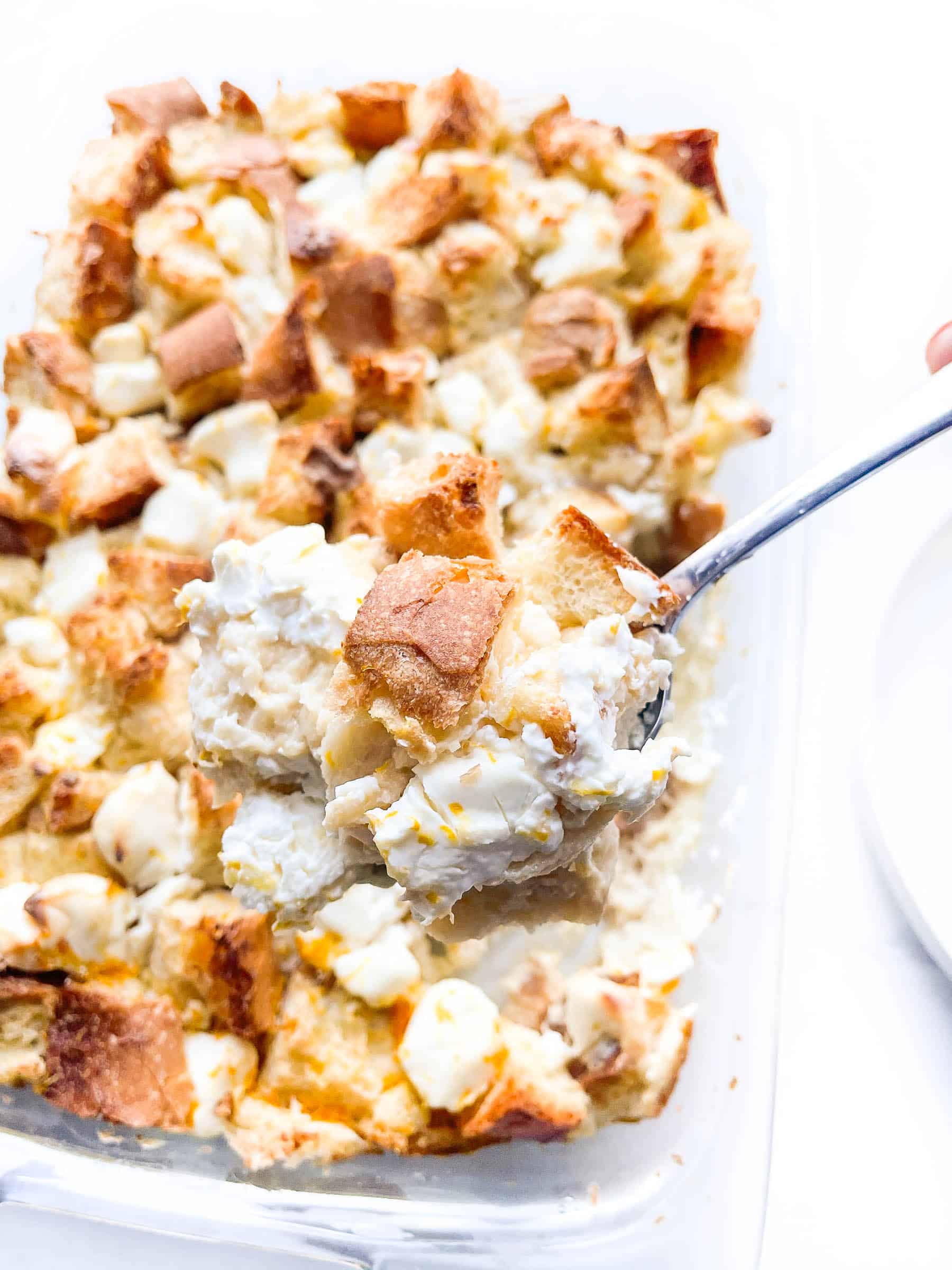 overnight french toast casserole in a glass baking dish