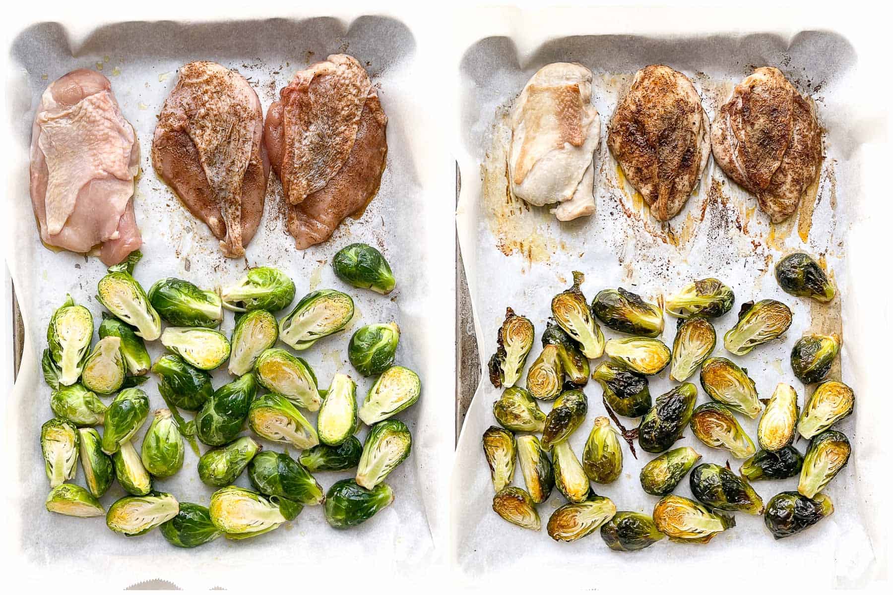 jerk seasoned chicken on a sheet pan with brussels sprouts