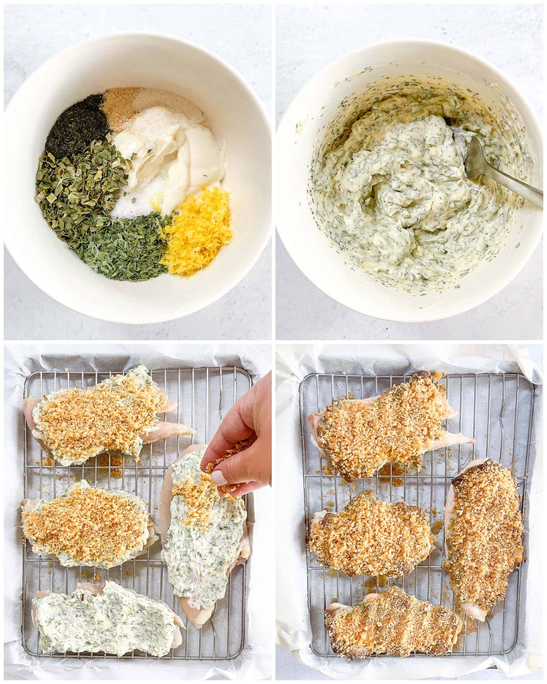 ingredients for keto crispy ranch chicken in two white bowls and two silver sheet pans with a white background