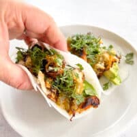 a hand holding a shredded chicken taco in a jicama tortilla wrap