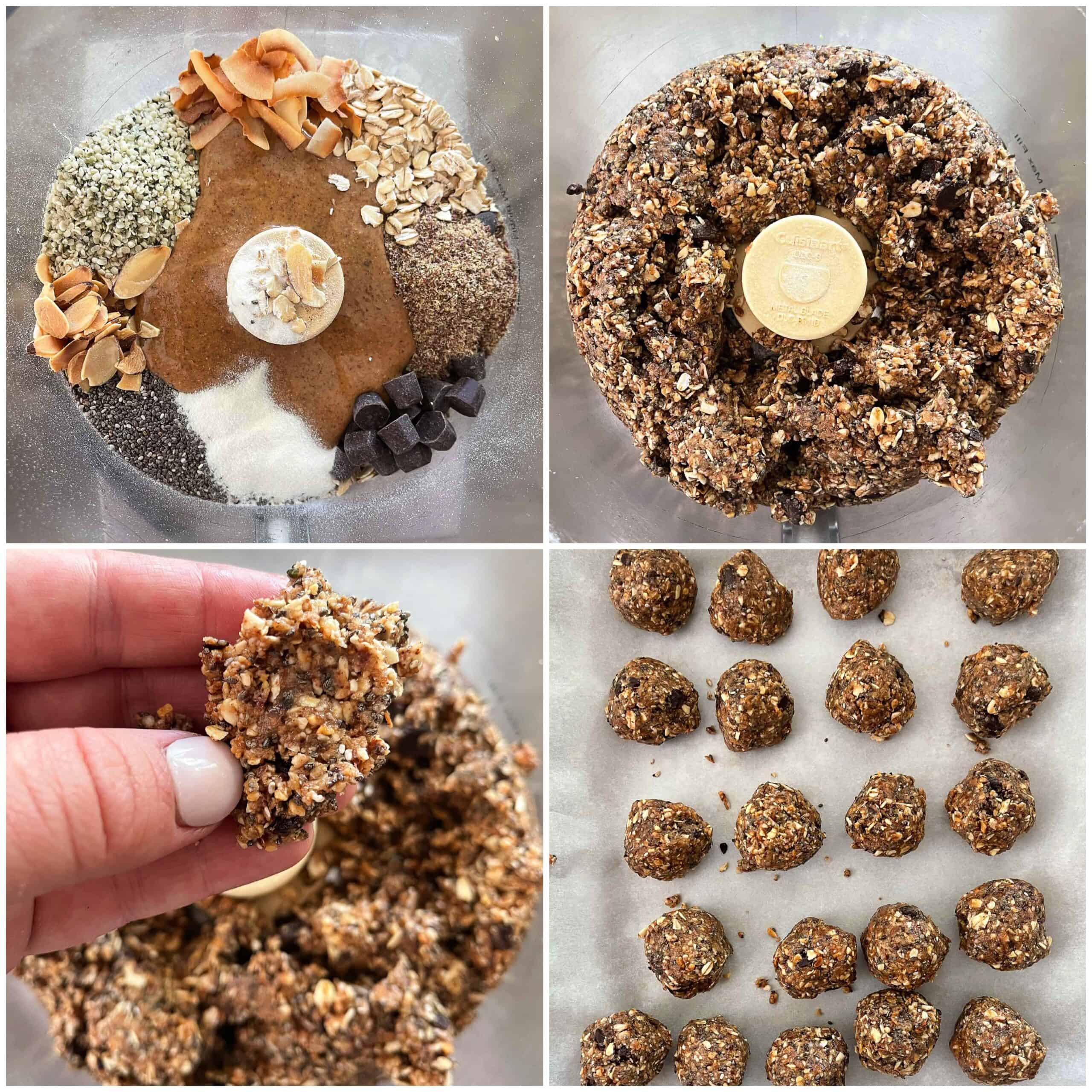 4 pictures showing the ingredients for energy bites aka no bake cookie balls and the steps to make them. 