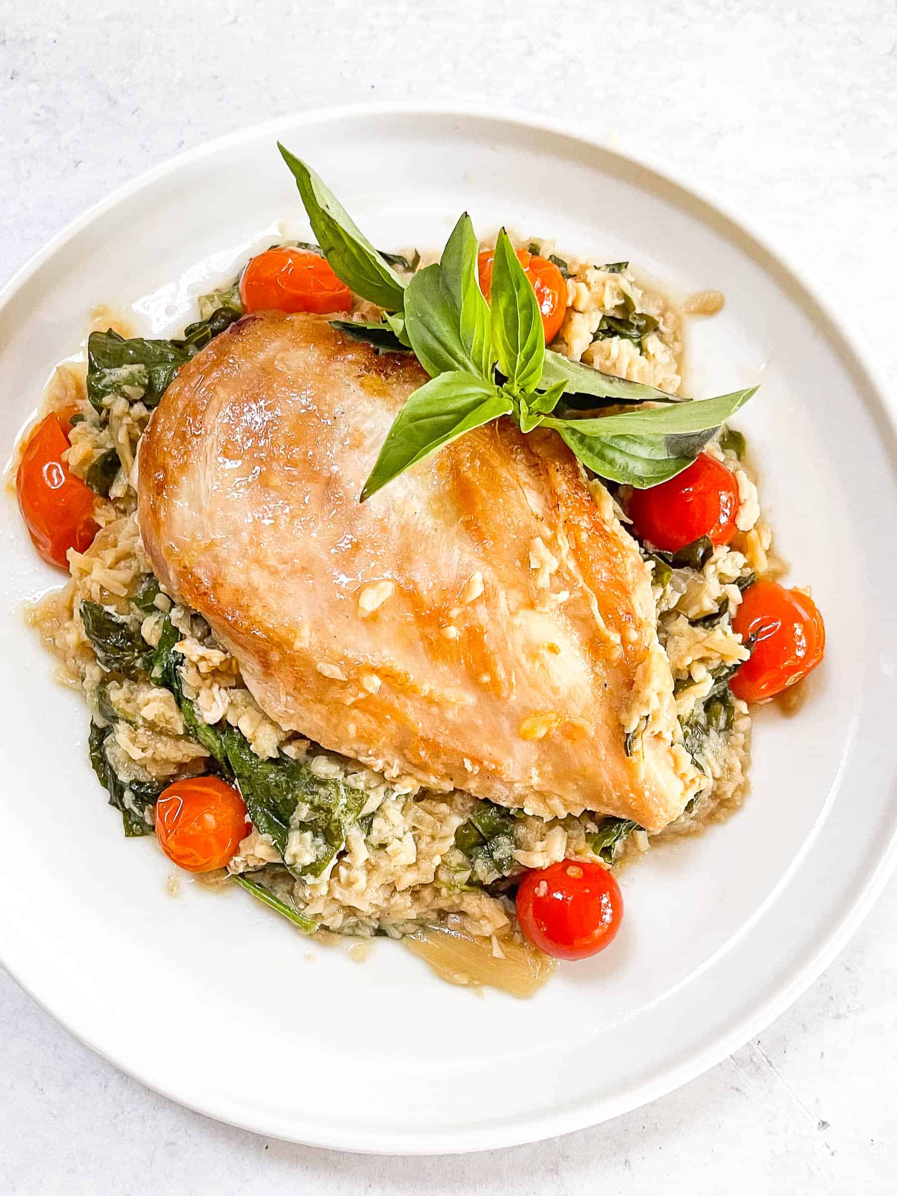 keto creamy chicken and tomato casserole on a white plate with a white background