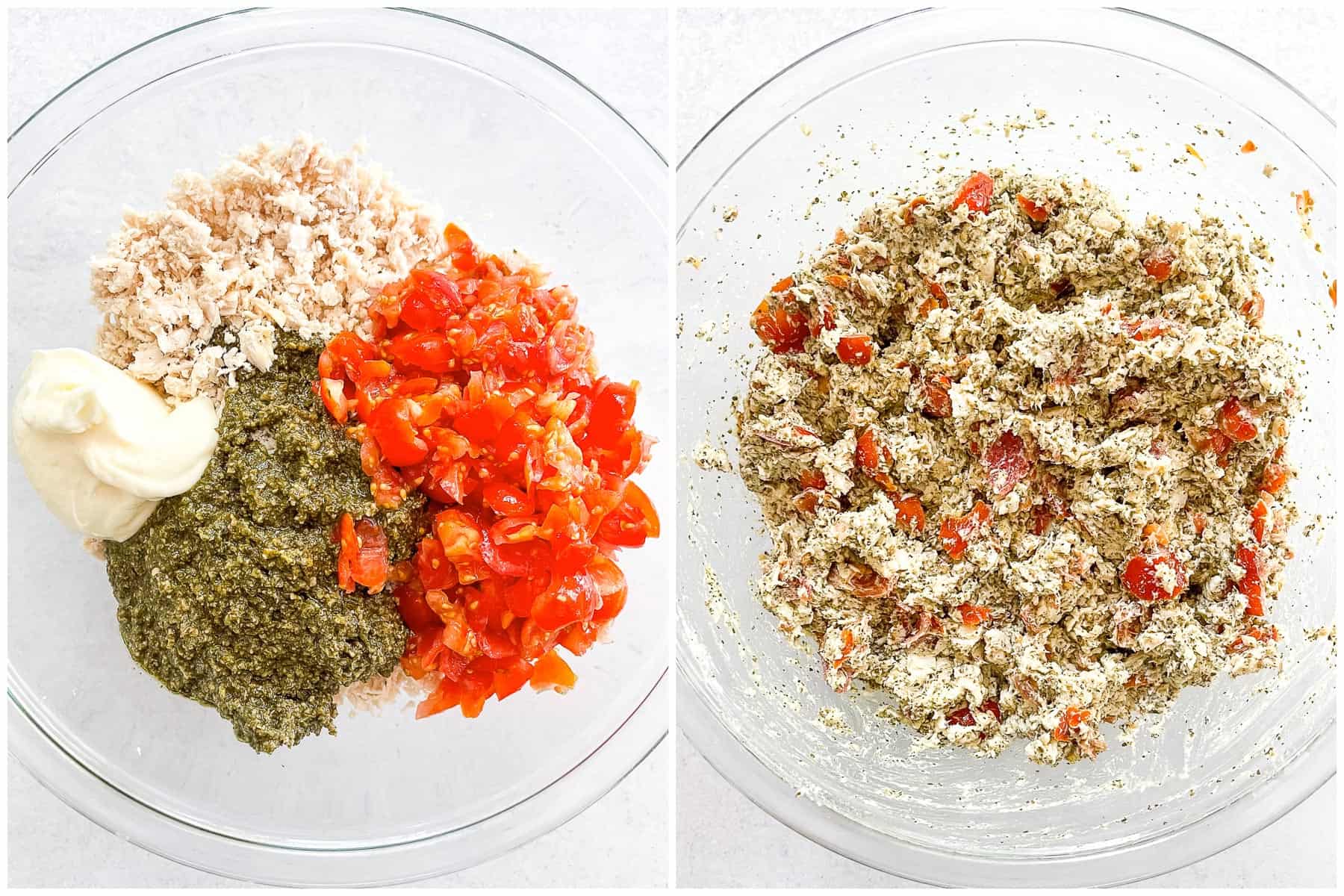 keto pesto chicken salad ingredients in a glass bowl on the left side, and all of the ingredients mixed together in a glass bowl on the right side.