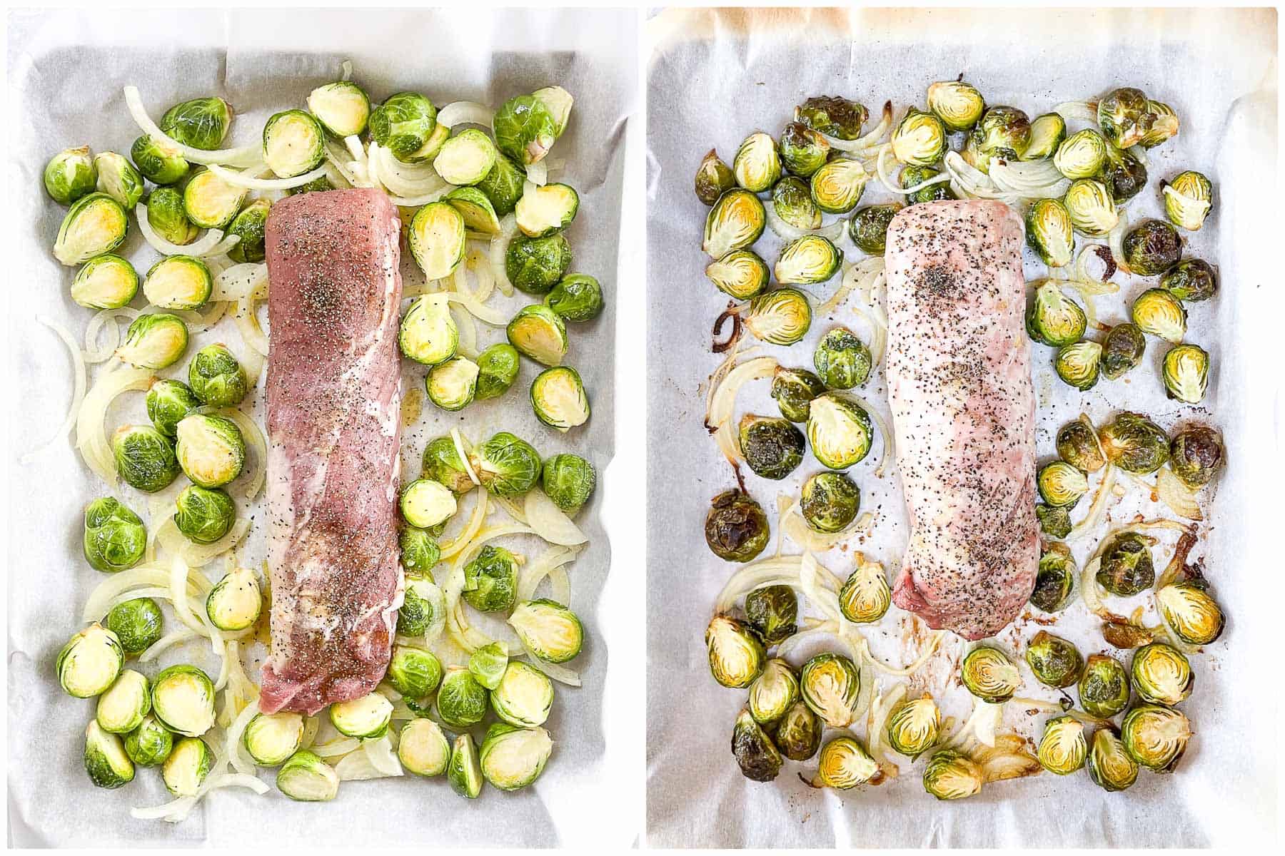 keto sheet pan pork tenderloin with romesco on a baking sheet with Brussel sprouts with a white background