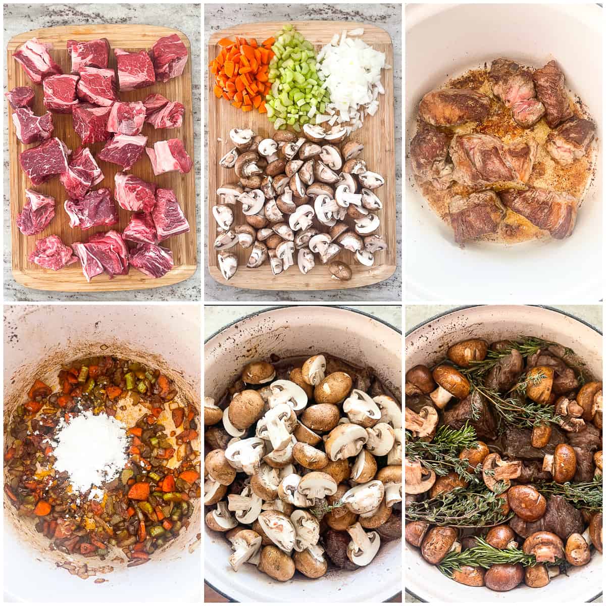 6 quadrants showing the step by step instructions on how to make the braised beef with mushrooms and red wine recipe