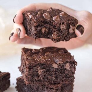 Hand holding brownies with chocolate chips