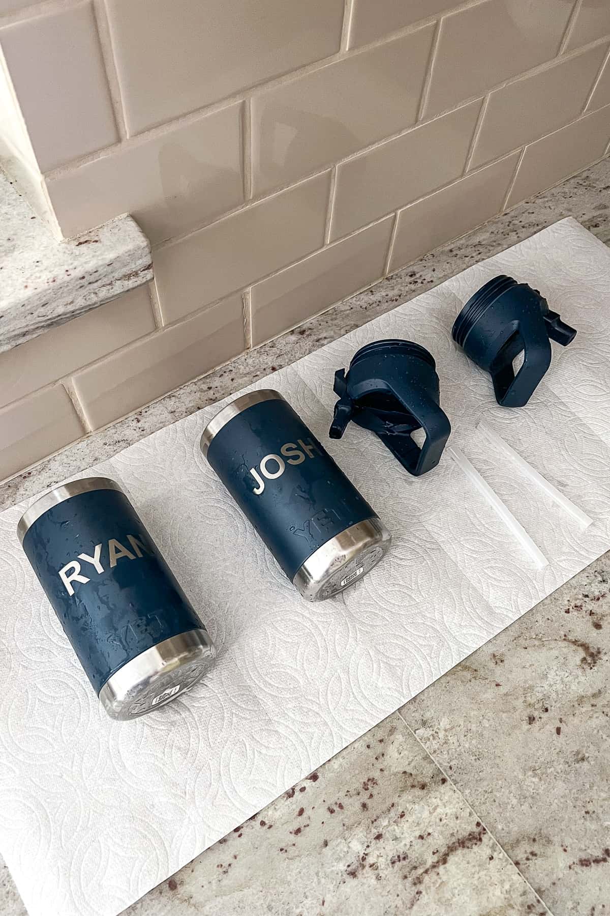 air drying stainless steel water bottles on the counter