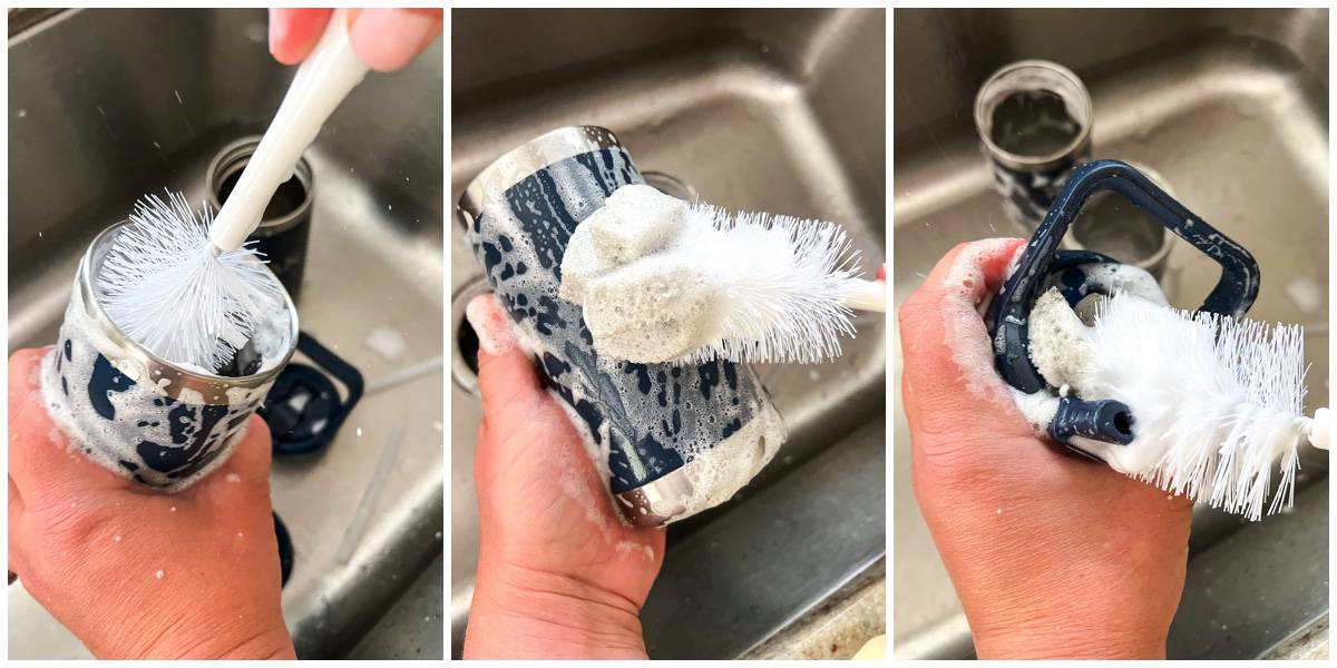 Çevre dostu su şişelerinin bir şişe fırçasıyla nasıl temizleneceğini gösteren yan yana üç fotoğraf