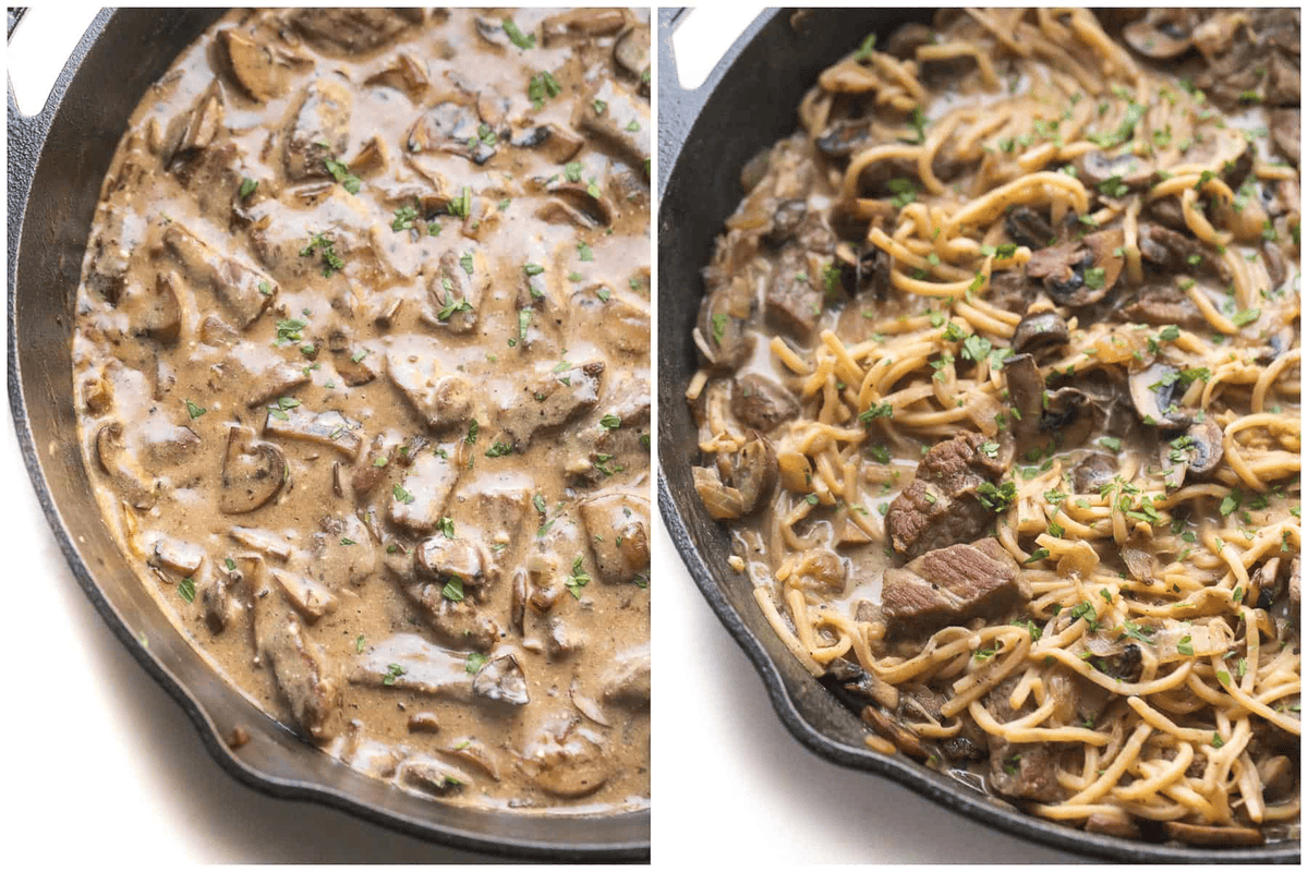 Photo on the right of beef stroganoff in a cast iron skillet before passing noodles. Second photo of beef stroganoff in a cast iron skillet with noodles.