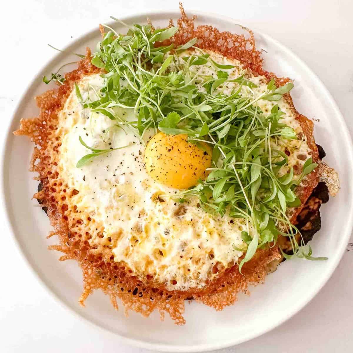 over head shot of a flat egg taco topped with microgreens