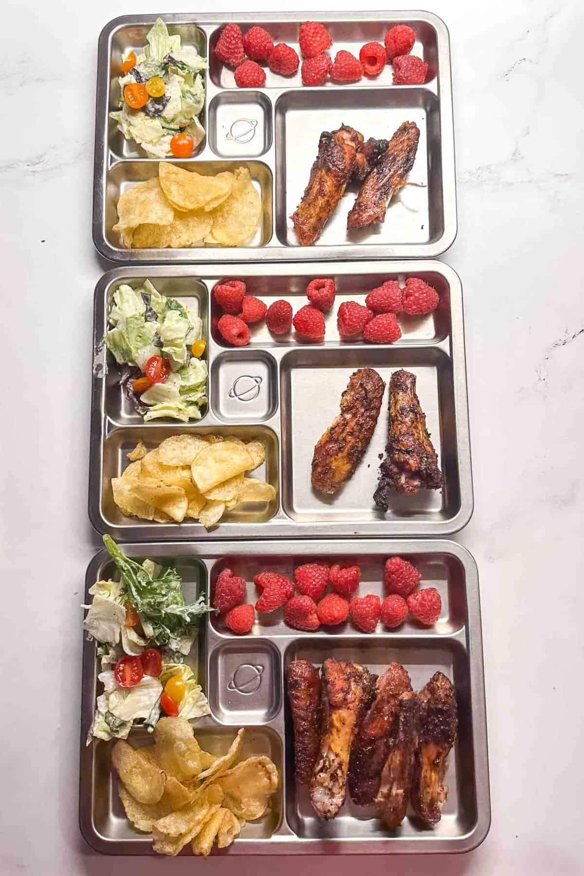three kids plates to show how to serve this meal to kids