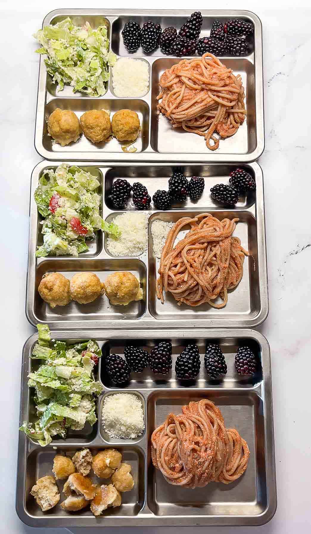 three kid trays showing how to serve keto chicken meatballs,.