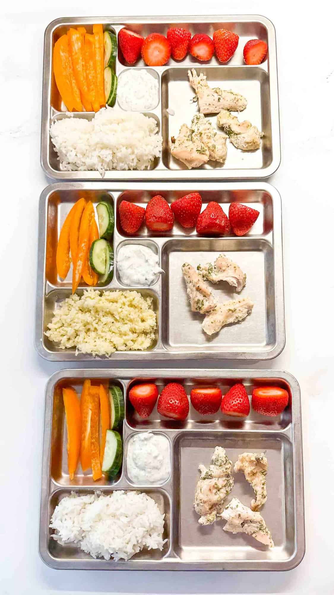 three kids plates showing how to serve them chicken and veggies