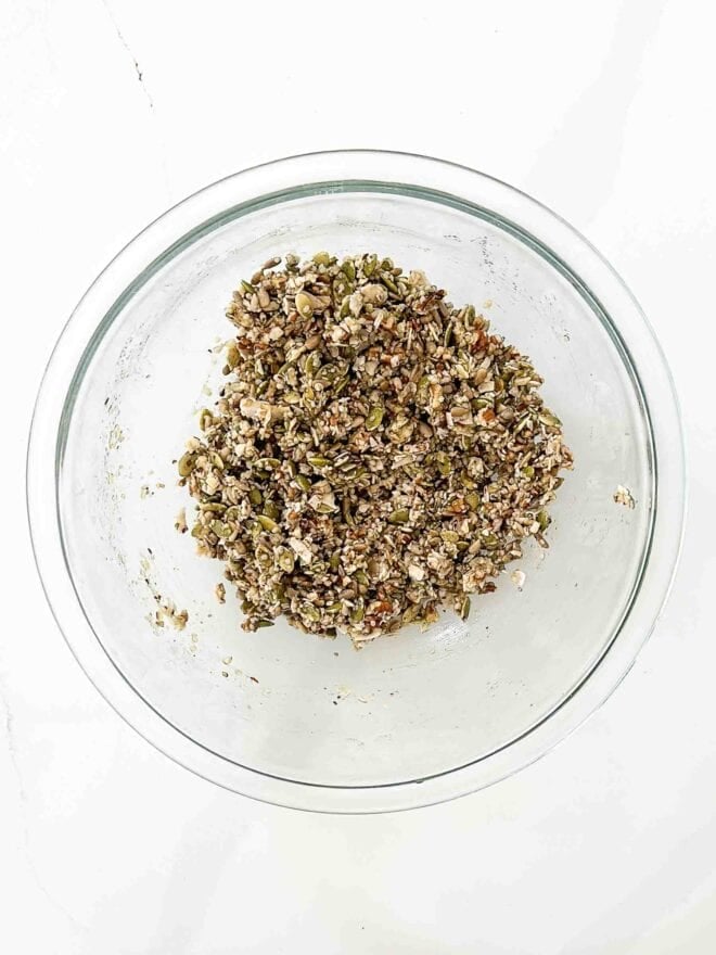 nuts and seeds in a glass bowl