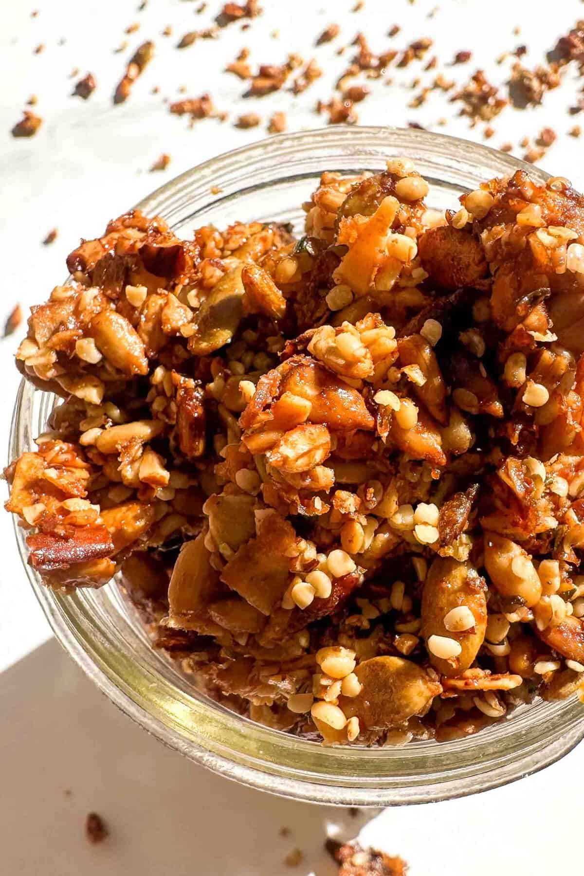 an overhead shot of grain free granola in a mason jar 