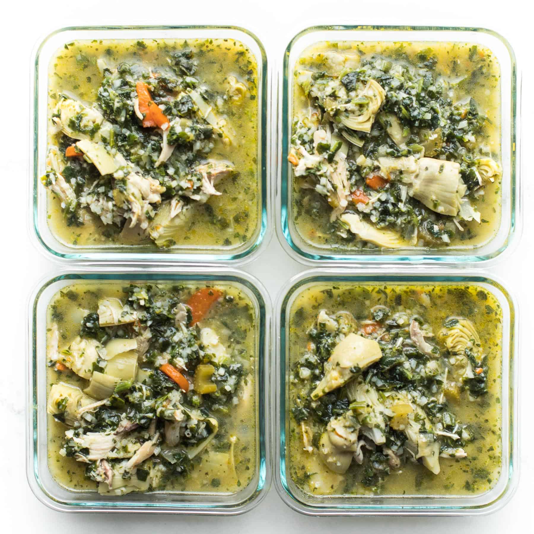 lemon artichoke chicken soup in meal prep containers