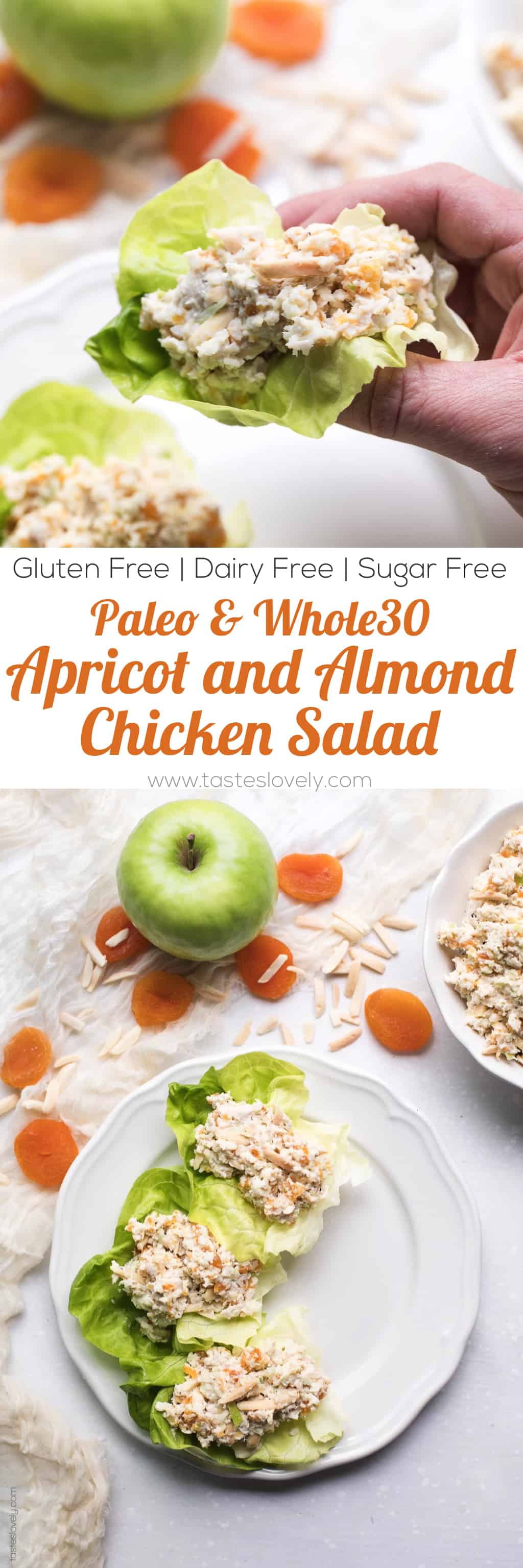 Paleo & Whole30 Apricot and Almond Chicken Salad Recipe - a light and flavorful chicken salad. My favorite meal prep lunch for the week! Gluten free, grain free, dairy free, sugar free, clean eating.