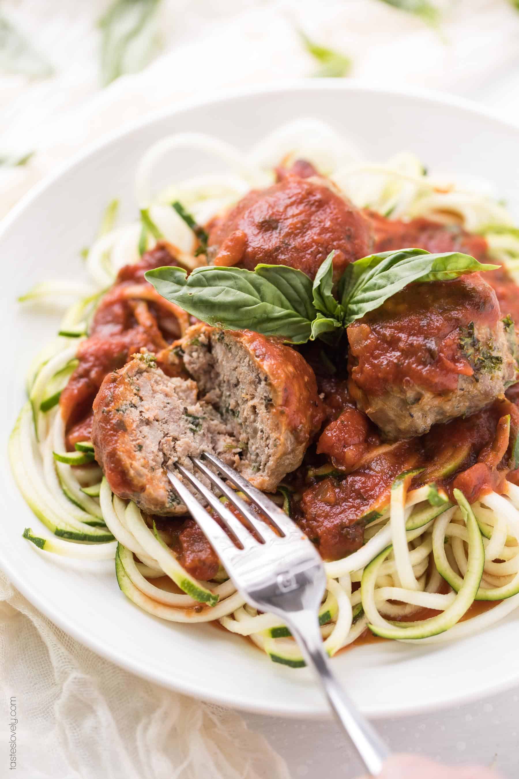 keto meatballs on plate with zucchini noodles