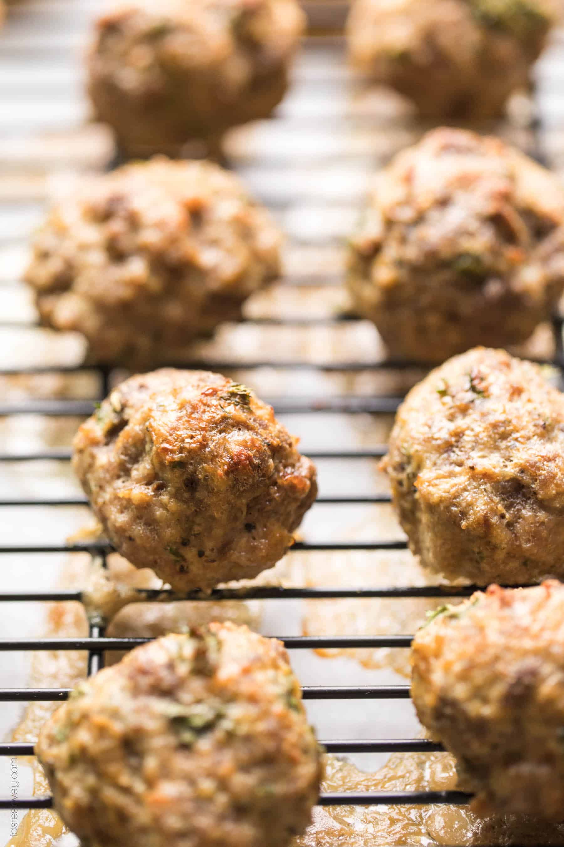 keto meatballs recipe baking on a wire rack