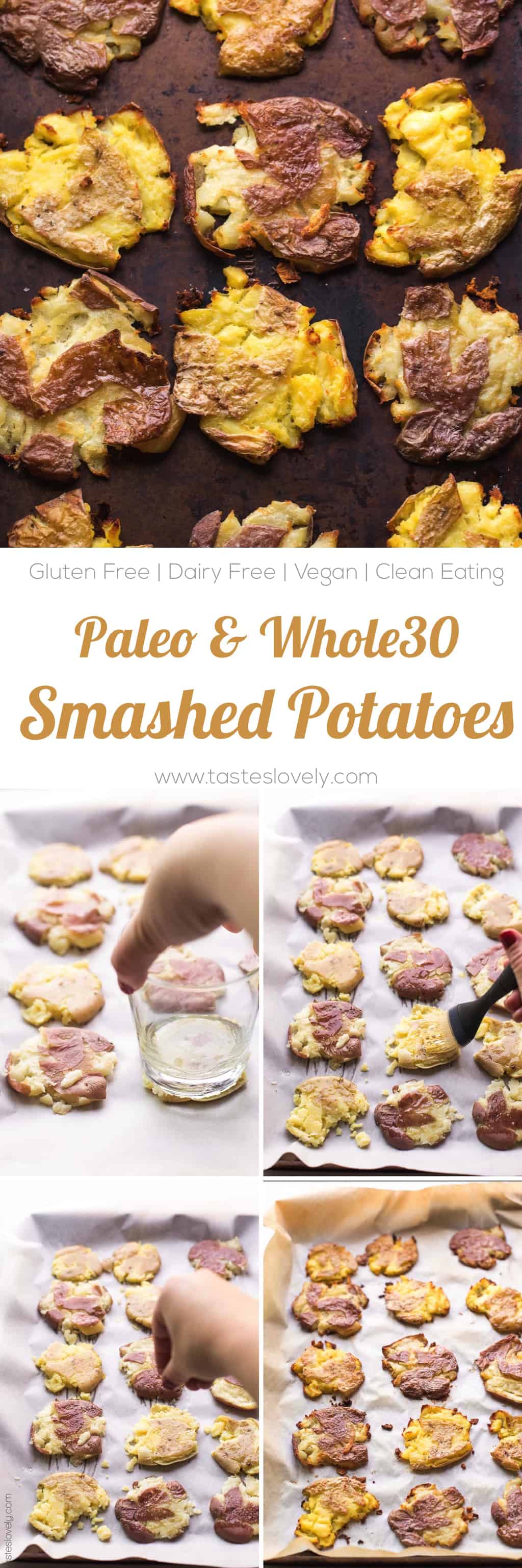 Paleo & Whole30 Crispy Smashed Potatoes - soft and fluffy on the outside, crispy and golden brown on the outside. The most delicious side dish recipe! Gluten free, grain free, dairy free, sugar free, clean eating, vegan.
