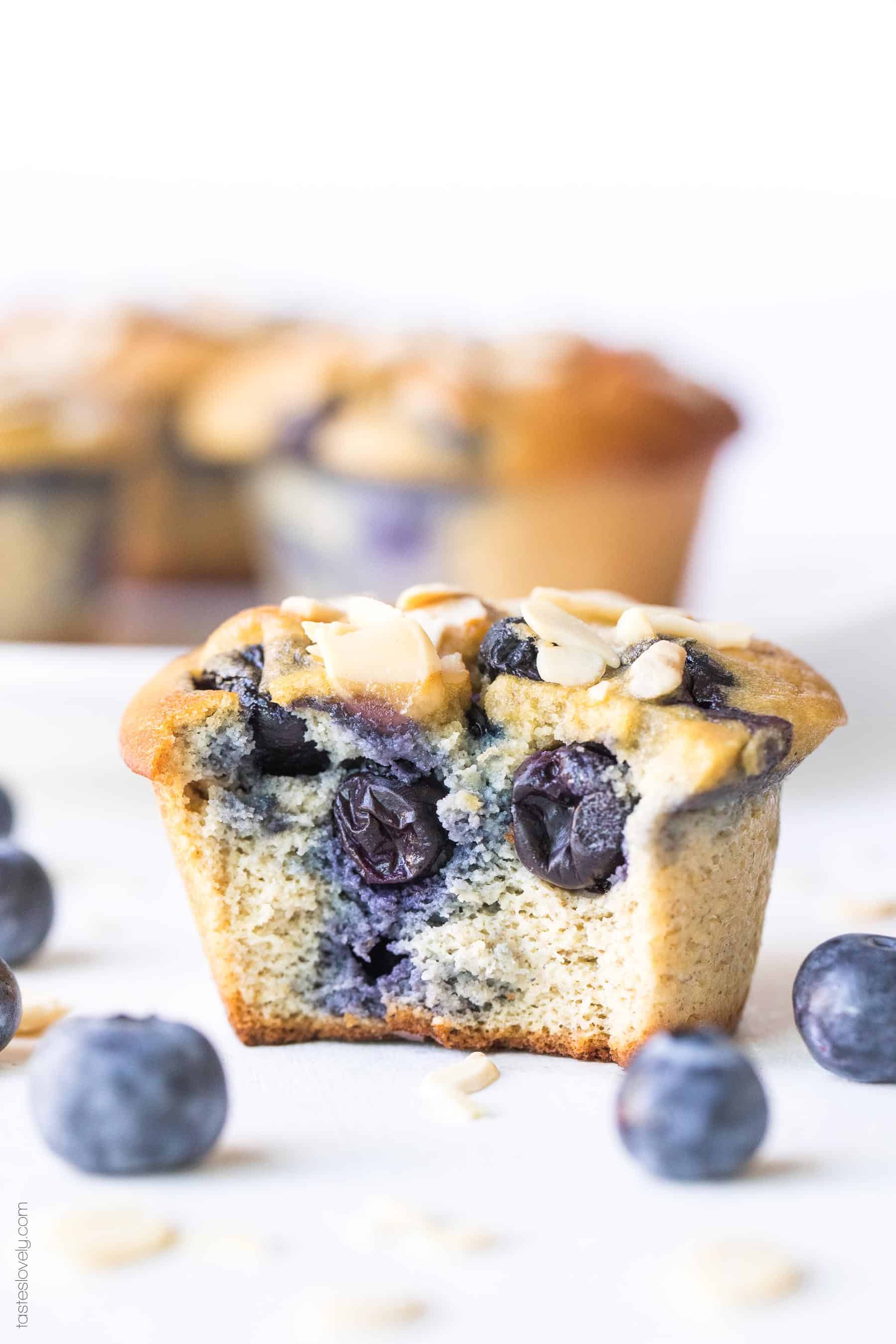 Paleo Blueberry Muffins - made with almond flour and sweetened with banana and coconut sugar. Gluten free, grain free, dairy free, refined sugar free.