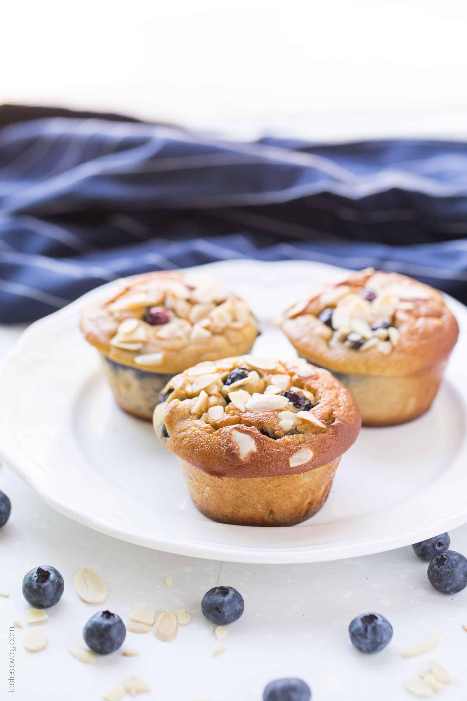 Paleo Blueberry Muffins - made with almond flour and sweetened with banana and coconut sugar. Gluten free, grain free, dairy free, refined sugar free.